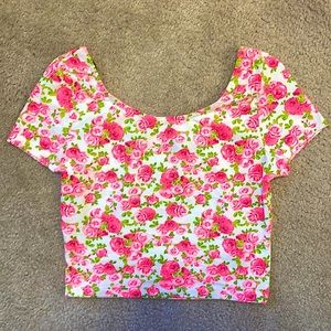 H&M Divided Fluorescent Pink Rose Crop Top Small Urban Outfitters cropped floral